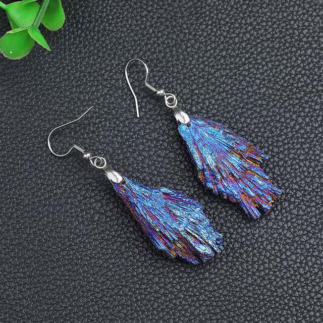 Natural Black Tourmaline Electroplated Blue Peacock Blue Flame Feather Crystal Cluster Earrings Jewelry in Stock