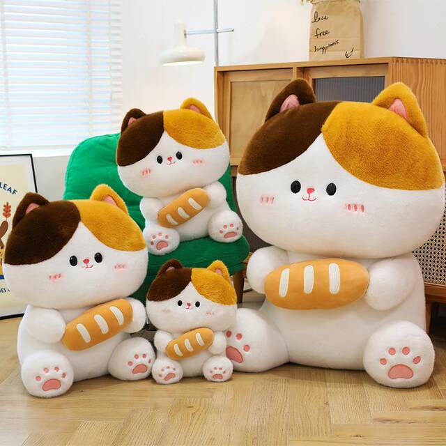 Cartoon Bread Cat Plush Toy Companion Doll, Three-Colored Cat Plushie, Gift for Girls, Decorative Piece, Pillow