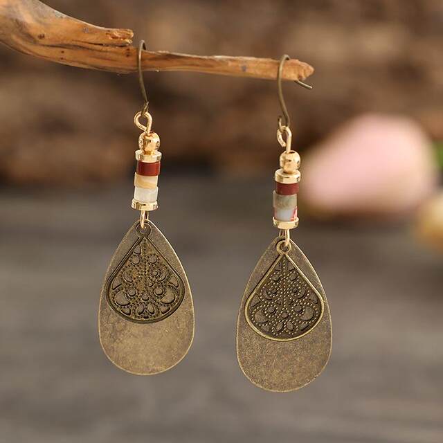 Wish Aliexpress European and American Cross-Border Antique Bronze Carved Earrings Creative Vintage Water Drop-Shaped Ear Accessories