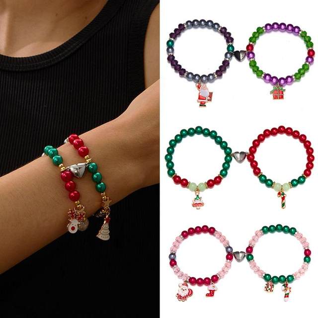 Cross-Border Best-Selling Christmas Holiday Beaded Bracelets Santa Claus Christmas Tree Bells Love Heart Magnetic Couple Bracelets