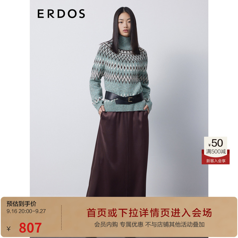 [Fair Isle] Erdos High-Neck Knit Sweater for Women, Vintage Geometric Jacquard, Casual Long-Sleeve Sweater