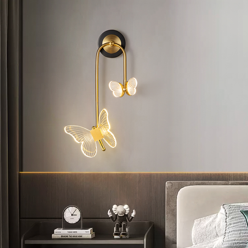 Butterfly Bedside Wall Lamp Double-Headed Nordic Simple Modern Internet Celebrity Creative Bedroom Children's Room Girl Wall Lamp