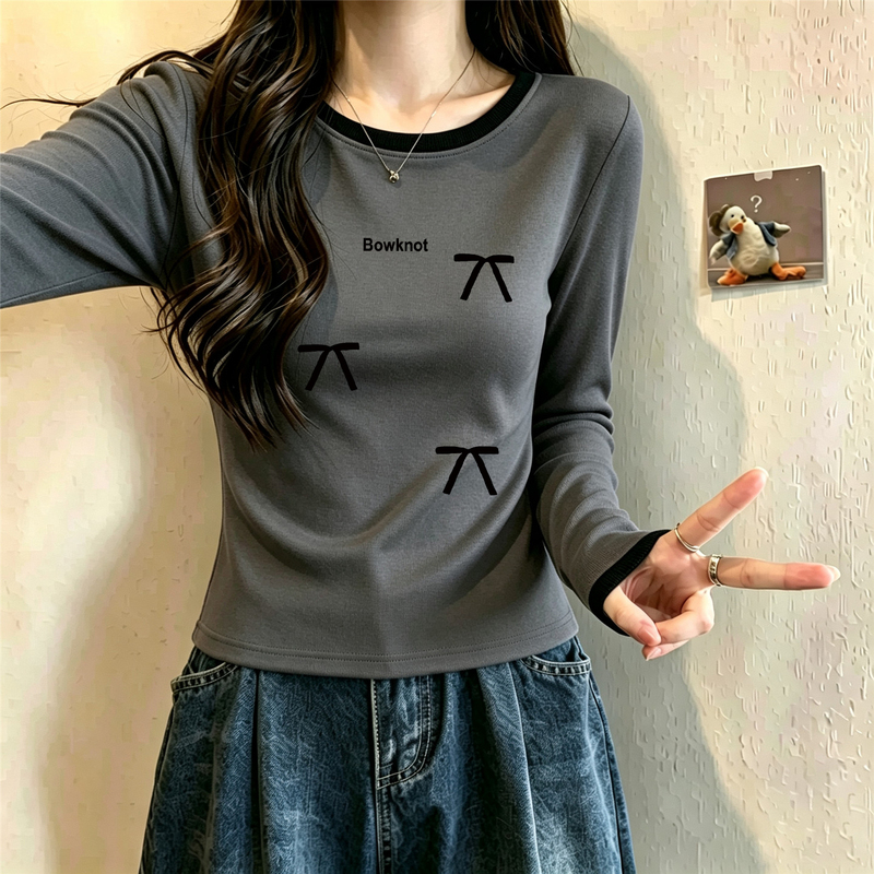 Contrast Color Round Neck Slim Fit Long Sleeve T-Shirt for Women, Autumn 2026 New Style, Pure Cotton Base Shirt, Short Top for Layering