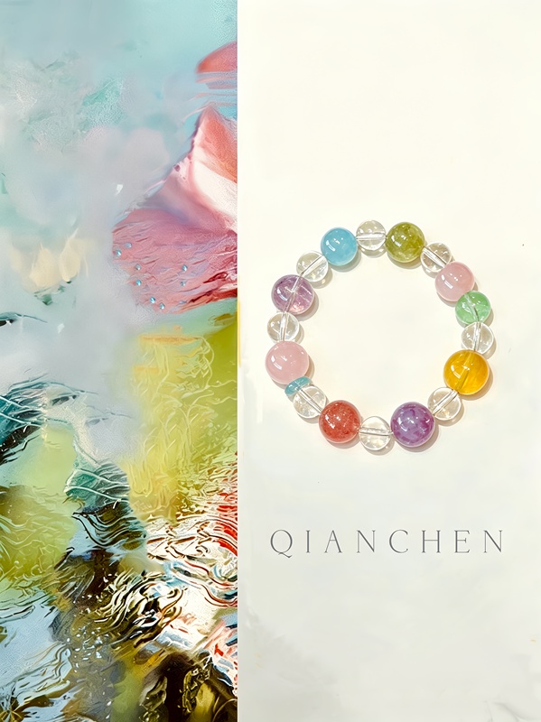 Natural White Crystal Multi-Gemstone Bracelet with Sea Blue, Pink Amethyst, Strawberry Crystal, Green Fluorite, and Purple-Yellow Colorful Stones for Attracting Wealth and Good Luck