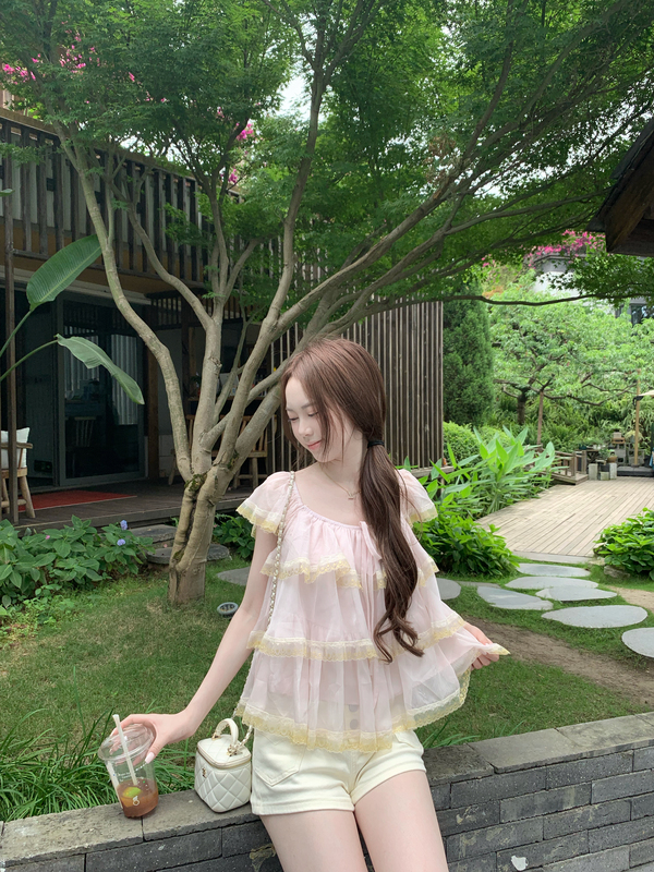 One-Piece Cookie-Style [Strawberry Mille-Feuille] Pink Lace-Trimmed Summer New Princess-Style Blouse