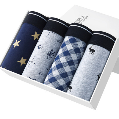 南极人潮牌男士内裤纯棉印花青年平角裤盒装