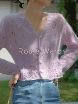 Rouje Wardr French retro v-neck mohair knitted cardigan womens thin hollow sweater short top