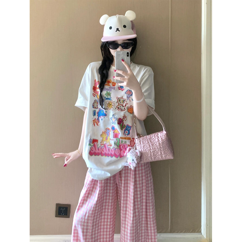 Korean Dopamine Sports Suit for Women 2025 New Summer Fashion Short-Sleeved Wide-Leg Pants Casual Wear Two-Piece Set
