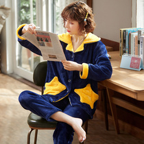 Autumn and winter flannel pajamas womens plus velvet thickened cardigan large size coral fleece warm home clothes winter long-sleeved two-piece suit