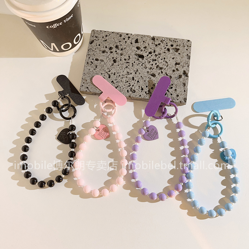 Sweet and Cool ins Black Beaded Phone Case Lanyard Wrist Strap Round Bead Spacer Pearl Bracelet DIY Exquisite Handmade Beaded Bracelet with Clip Accessories Universal Keychain Camera Women's Accessories