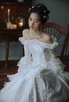 Qinghe antique wedding dress xtreme ancient vintag French court wedding dress one shoulder lace embroidered long sleeve
