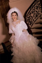 Qinghe hovintage antique retro puff sleeve turtleneck wedding dress long sleeve lace beaded melaleuca heavy industry autumn