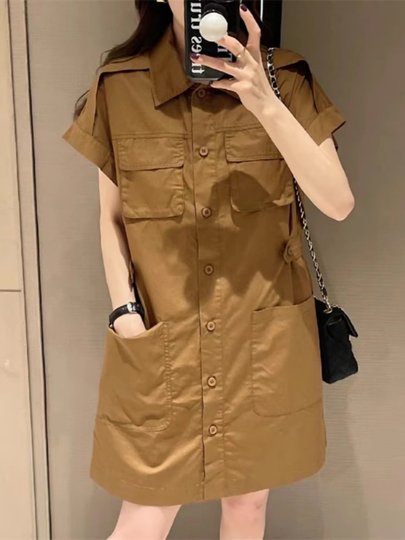 黑色工装连衣裙2025早秋新款女大码胖MM收腰小个子短袖衬衫A字裙