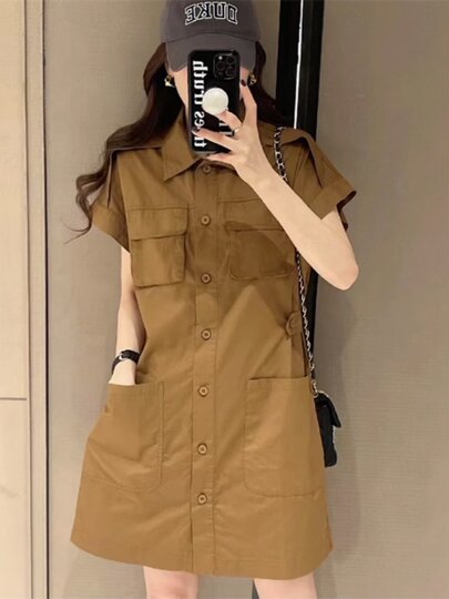 黑色工装连衣裙2025早秋新款女大码胖MM收腰小个子短袖衬衫A字裙