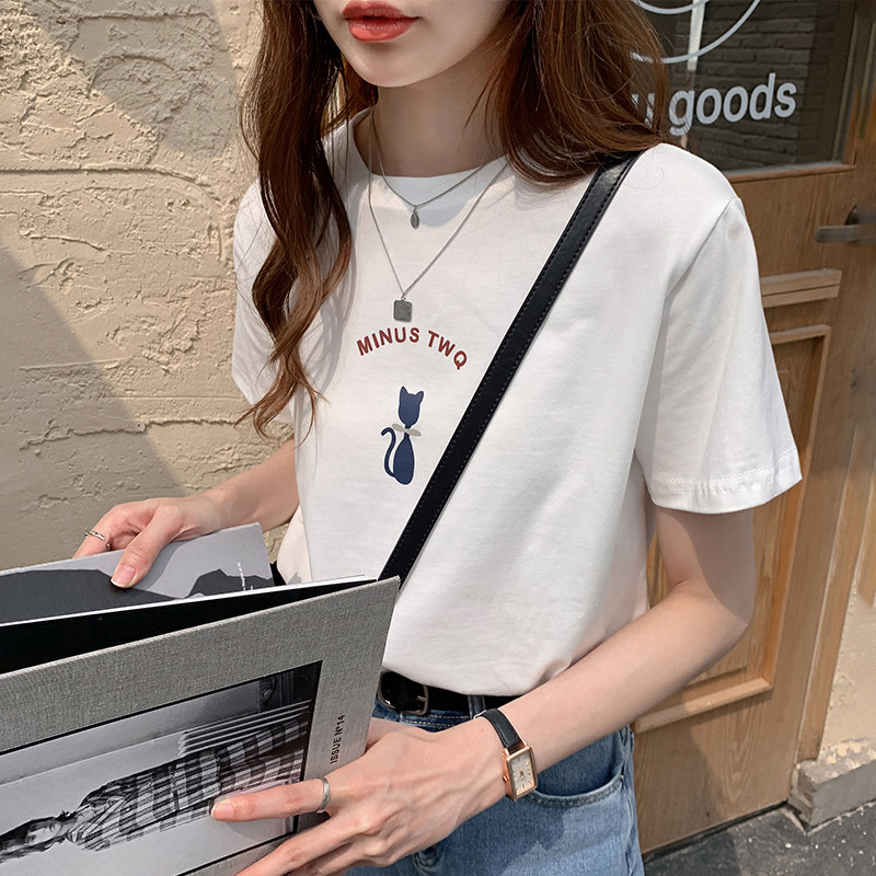 Cat printed white t - shirt women summer 2023 new temperament round - collar brief - sleeve shirt