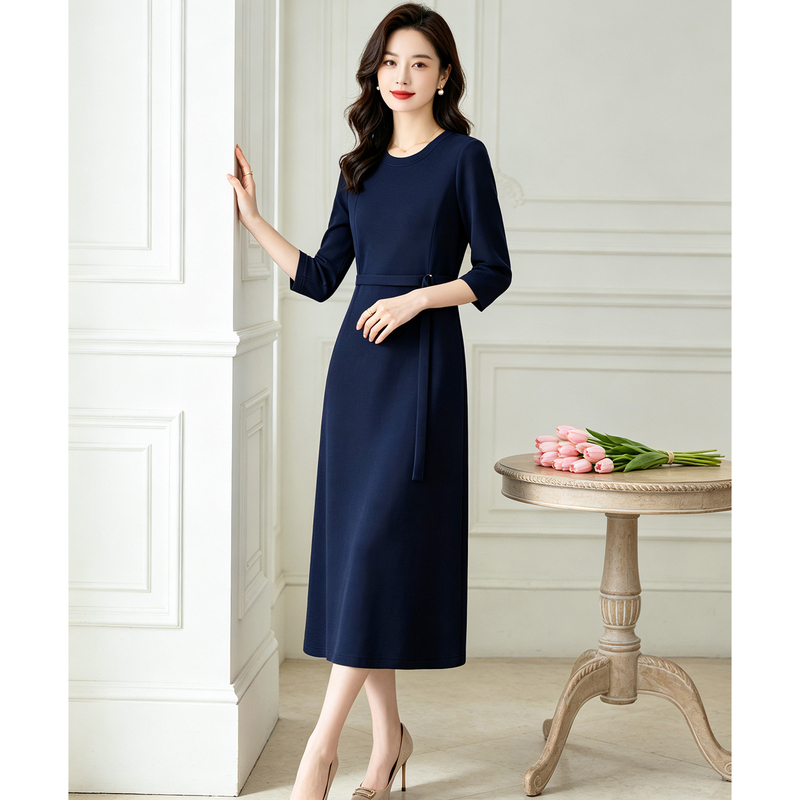 Blue Dress Women's Clothing 2026 New Fashion Elegant Autumn Mid-Length Dress Loose Slimming Versatile Long-Sleeved Dress