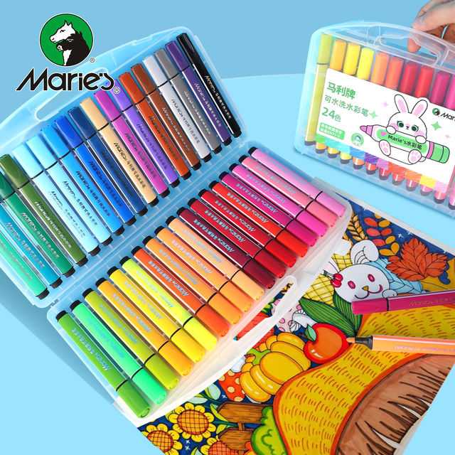 Marley Brand Washable Watercolor Pens 12/24/36 Colors Art Painting Set Tools for Elementary School Students, Kindergarten Drawing, Food-Grade, Safe and Non-Toxic for Children, Large Cone Tip Painting Colors