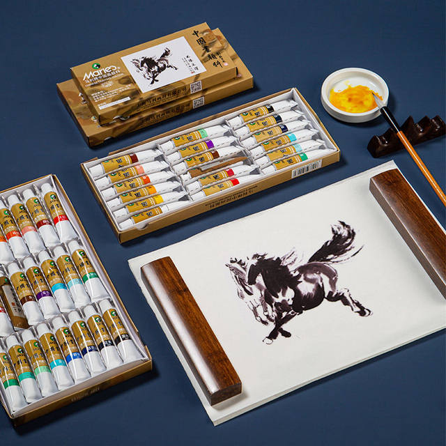 Marley Brand Chinese Painting Pigments 12 Colors for Beginners, Brush Set for Elementary School Students, Children's Entry-Level Materials, Fine Brushwork Painting for Adults, 24 Colors Professional Box, Ink Painting Tools Set, Chinese Painting Supplies Tool Box Complete Set