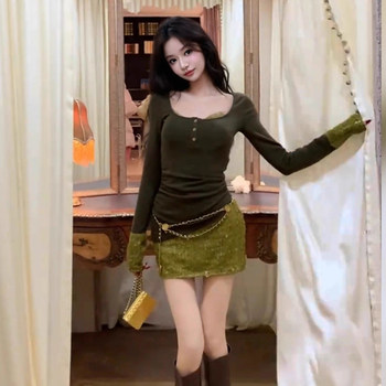 Sexy Hot Girl Outfit for Women, Autumn and Winter, Very Stylish, Faux Two-Piece Long-Sleeve Top with Sequin Strap Dress Two-Piece Set