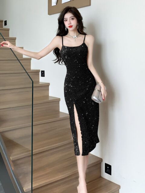 Gold High-End Sequin Suspender Dress for Women, Shiny, Light Luxury, Elegant, Classy Party Evening Dress