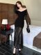 French-Style Spicy Girl Style Mesh Patchwork One-Shoulder Dress for Women in Early Autumn, Pleated Slim Fit Bodycon Long Dress
