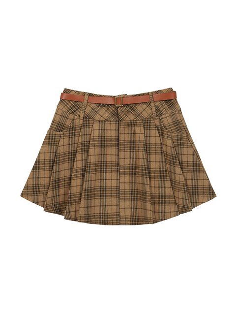 College Style Brown Plaid Woolen Pleated Skirt American Retro High-Waisted A-Line Short Skirt Half Skirt for Women Autumn