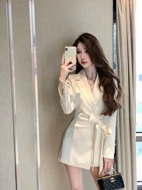 French-Style High-End Satin Blazer Dress with Straps for Women, Unique Design, Waist-Cinching, Elegant Short Skirt for Spring and Autumn