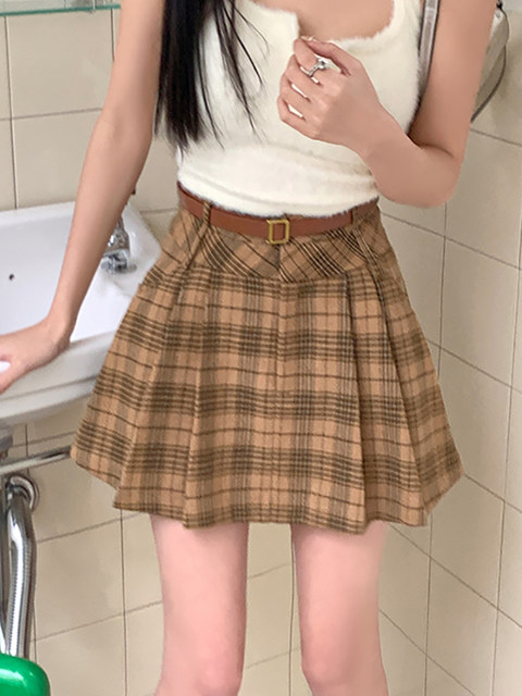 College Style Brown Plaid Woolen Pleated Skirt American Retro High-Waisted A-Line Short Skirt Half Skirt for Women Autumn
