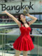 French-Style Ballet Dress with Bow Tie, Strapless Waist-Cinching Slip Dress, Summer Red Vacation First Love Short Dress
