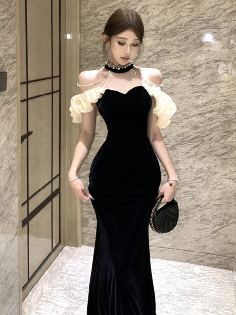 Autumn Fashion Halter Neck Hand-Stitched Rhinestone Sleeveless Velvet Slim-Fit Party Dress Women's Korean Design Dress