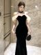 Autumn Fashion Halter Neck Hand-Stitched Rhinestone Sleeveless Velvet Slim-Fit Party Dress Women's Korean Design Dress