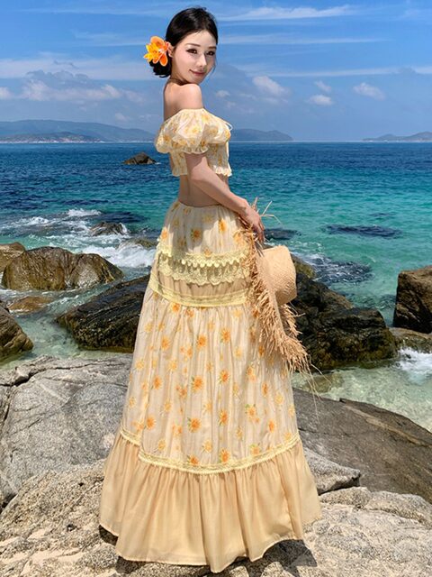 Little Daisy Style Seaside Vacation Tencel Embroidered Tube Top Women's Heavy-Duty Drawstring Skirt Summer Two-Piece Set