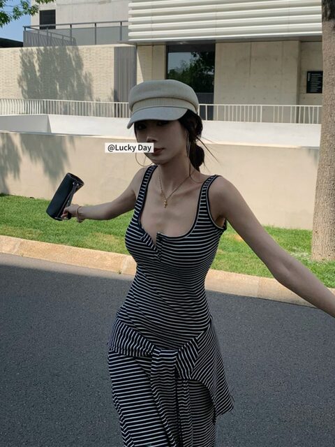 Light Mature Style, Intellectual Sister Vibe, Vest Dress, Two-Way Wear, Shawl, Casual Slim-Fit Dress with Chest Pads, Long Dress, Korean Style