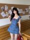 Night Blue Vine Flower Style French Heavy Embroidery Small Flutter Sleeve Dress, Fashionable Retro Unique A-Line Dress for Women in Summer