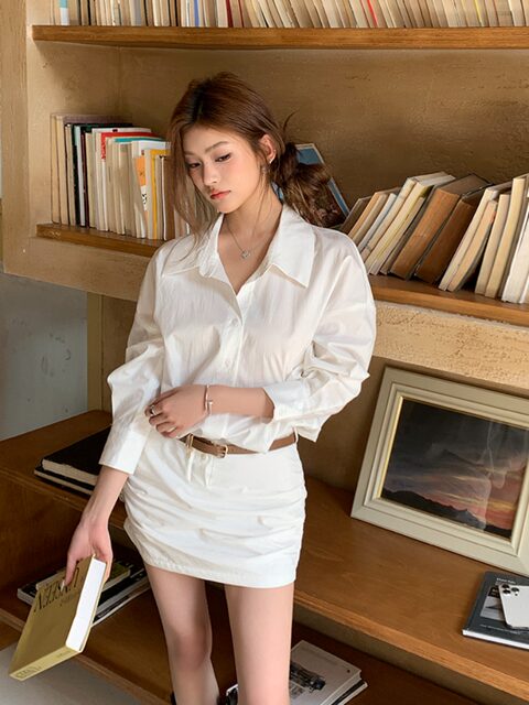 French-Style Polo Dress, White Long-Sleeved Shirt Dress, Women's Design, Waist-Cinching, Slimming, Hip-Hugging Short Skirt
