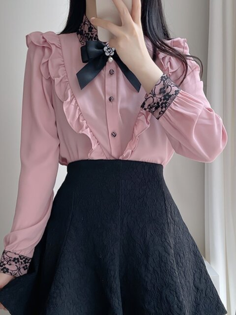 Bow Lace Pink Shirt for Women, Niche Design, High-End Feel, French Style, Spring and Autumn, Petite Long-Sleeved Top