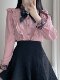 Bow Lace Pink Shirt for Women, Niche Design, High-End Feel, French Style, Spring and Autumn, Petite Long-Sleeved Top
