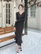 Lightly Mature and Elegant Style V-Neck Knitted Dress for Women, Autumn and Winter Long-Sleeved Slim-Fit Dress with a High-End Feel and A-Line Skirt Underneath