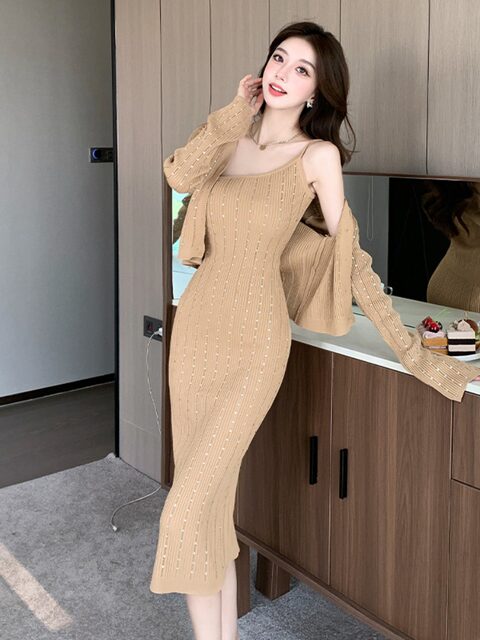 French-Style Elegant Knit Set for Women 2026 Early Spring Dress with Rhinestones, One-Shoulder Strap Dress, Cardigan Two-Piece Set