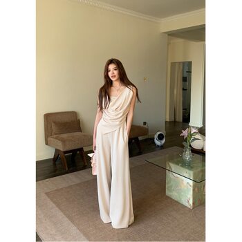 2025 Summer New Style Swing Collar Elegant Camisole Top Versatile Casual Loose Wide-Leg Pants Long Pants Two-Piece Set for Women