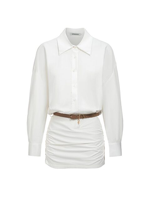 French-Style Polo Dress, White Long-Sleeved Shirt Dress, Women's Design, Waist-Cinching, Slimming, Hip-Hugging Short Skirt