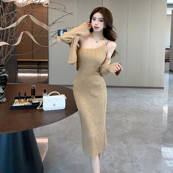 French-Style Elegant Knit Set for Women 2026 Early Spring Dress with Rhinestones, One-Shoulder Strap Dress, Cardigan Two-Piece Set