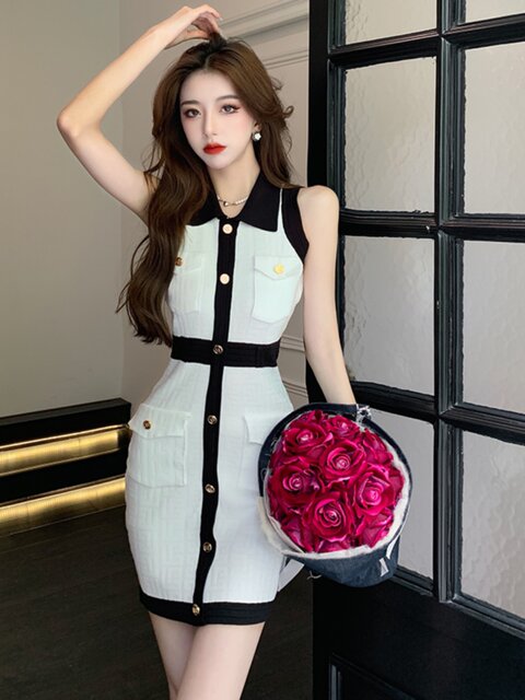 French High-End Contrasting Color Knitted Dress for Women 2023 New Autum Style Elegant Sleeveless Slim-Fitting Hip-Hugging Skirt