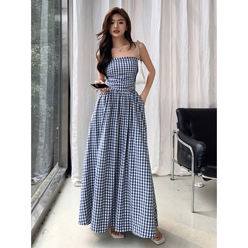 Plaid Tube Top Dress, One-Shoulder Dress, Women's Summer French Style Design, Waist-Cinching, Seaside Vacation Long Dress