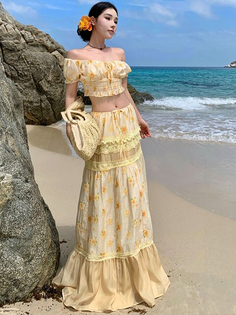 Little Daisy Style Seaside Vacation Tencel Embroidered Tube Top Women's Heavy-Duty Drawstring Skirt Summer Two-Piece Set