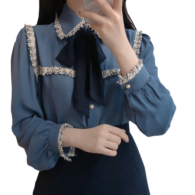 Bow tie shirt women's early spring new court style design sense niche chic temperament long-sleeved shirt spring and autumn tops