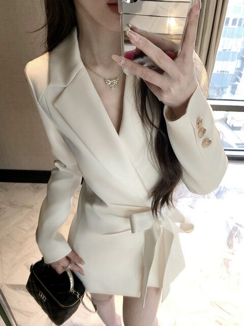 French-Style High-End Satin Blazer Dress with Straps for Women, Unique Design, Waist-Cinching, Elegant Short Skirt for Spring and Autumn