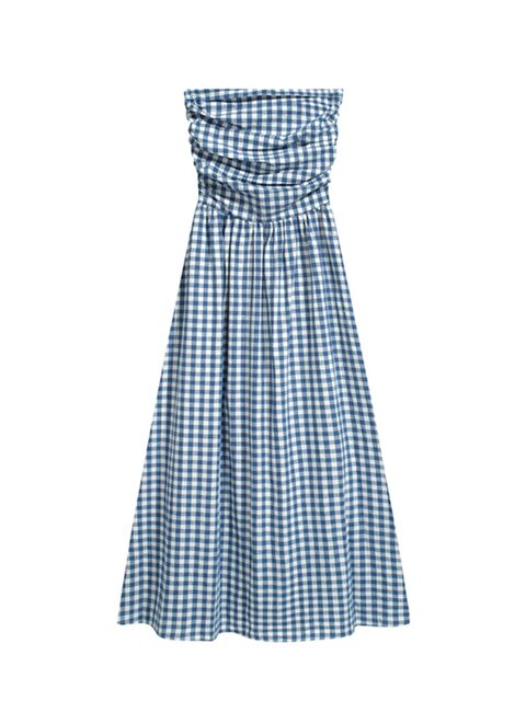 Plaid Tube Top Dress, One-Shoulder Dress, Women's Summer French Style Design, Waist-Cinching, Seaside Vacation Long Dress