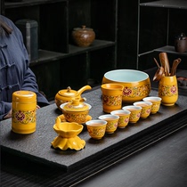 High-grade enamel color semi-automatic stone mill lazy household ceramic teapot teacup complete set of kung fu tea set