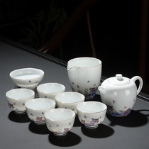 The new set of suet jade porcelain set high-grade Chinese hand-painted gold home office white porcelain ceramic Kung Fu tea set